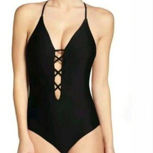 Becca Solid Black One Piece Swimsuit Criss Cross Front Small Rebecca Virtue